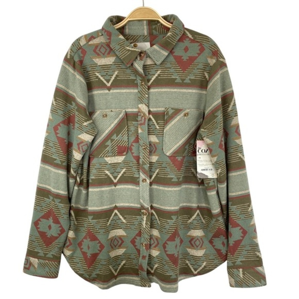 Aztec Southwestern Boyfriend Shacket Shirt Jacket Women L Sage Green Cowgirl NWT